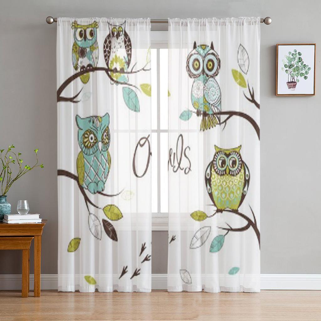 Five Different Owls Sitting On The Tree Brunches Tulle Sheer Curtains for Living Room Kitchen Decoration Voile Organza Curtains