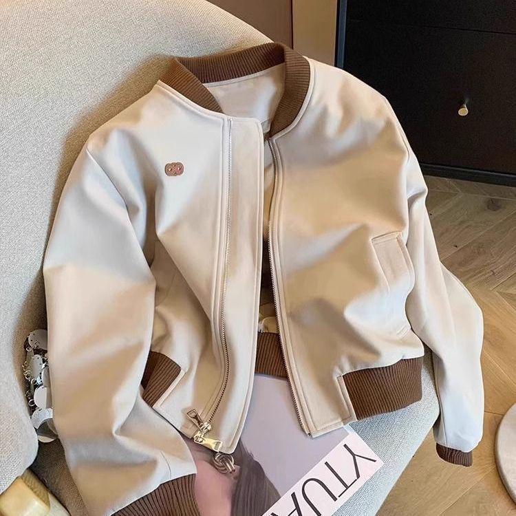 Американская уличная стиль Color Block Бейсбольная куртка - Petite Универсальный Короткий Весенний/Осенний Повседневный Топ