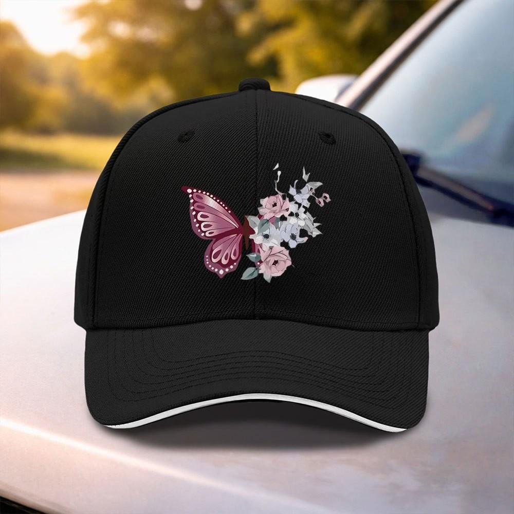 Butterfly Floral Print Baseball Cap Unisex Adjustable Cotton Twill Casual Curved Brim