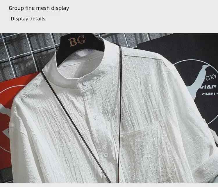 Мужская рубашка больших размеров в японском стиле с воротником-стойкой и короткими рукавами, однотонная