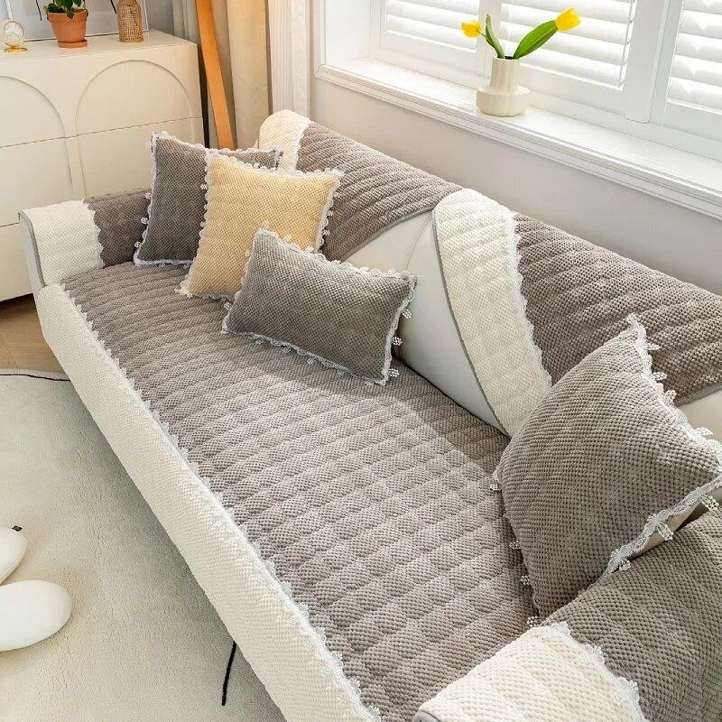 Winter Thicken Plush Sofa Cover White Wide Edge Chaise Lounge Sofa Towel Mat Modern Non-Slip Couch Cover Cushions Living Room