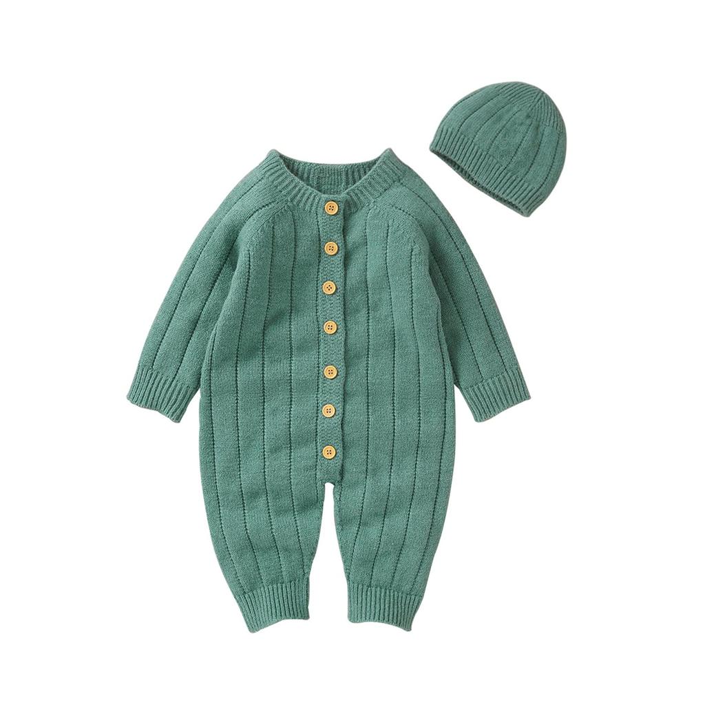 Infant Winter Jumpsuit and Cap, Solid Color Long Sleeve Single-breasted Knitted Romper, 0-18 Months
