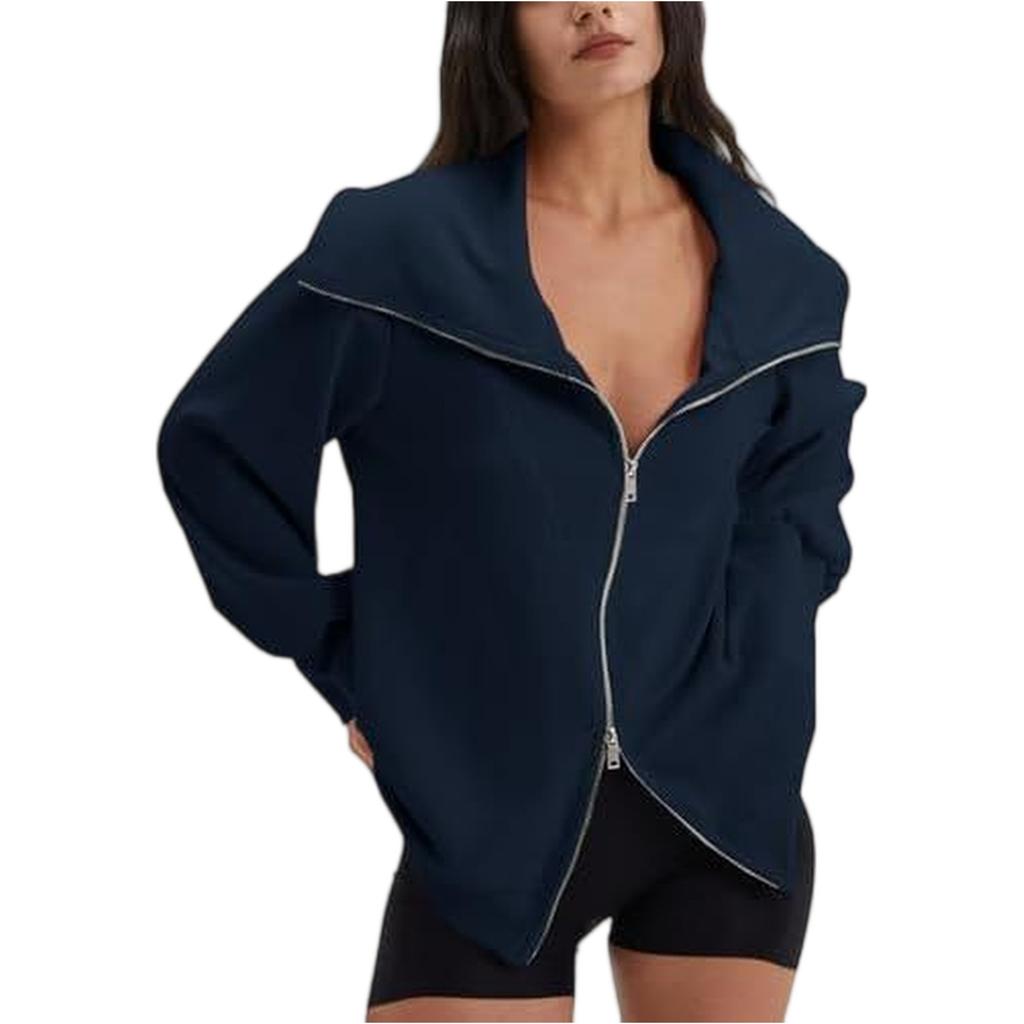 Women's Comfortable Casual And Fashionable V-neck Long Sleeved Solid Color Double Zipper Sports Shirt Jacket