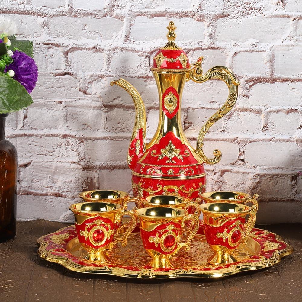 1set Metal Wine Drinking Cups With Tray Tea Service Set Vintage Hip Flask Set Household Ornaments