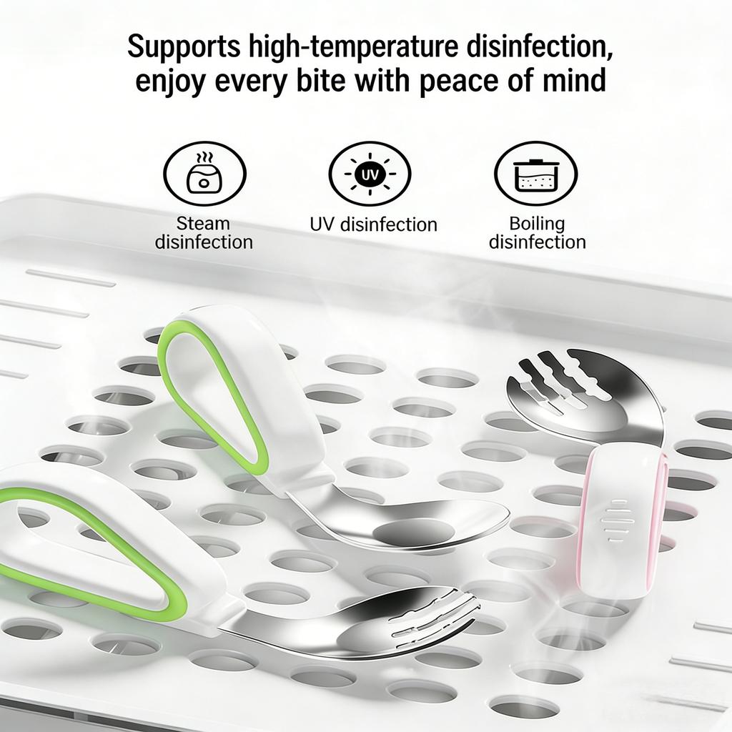 Baby Toddler Training Fork and Spoon Set Silicone Stainless Steel Round Tip Non-Slip Handle Self-Feeding Utensils Green 2-Pack