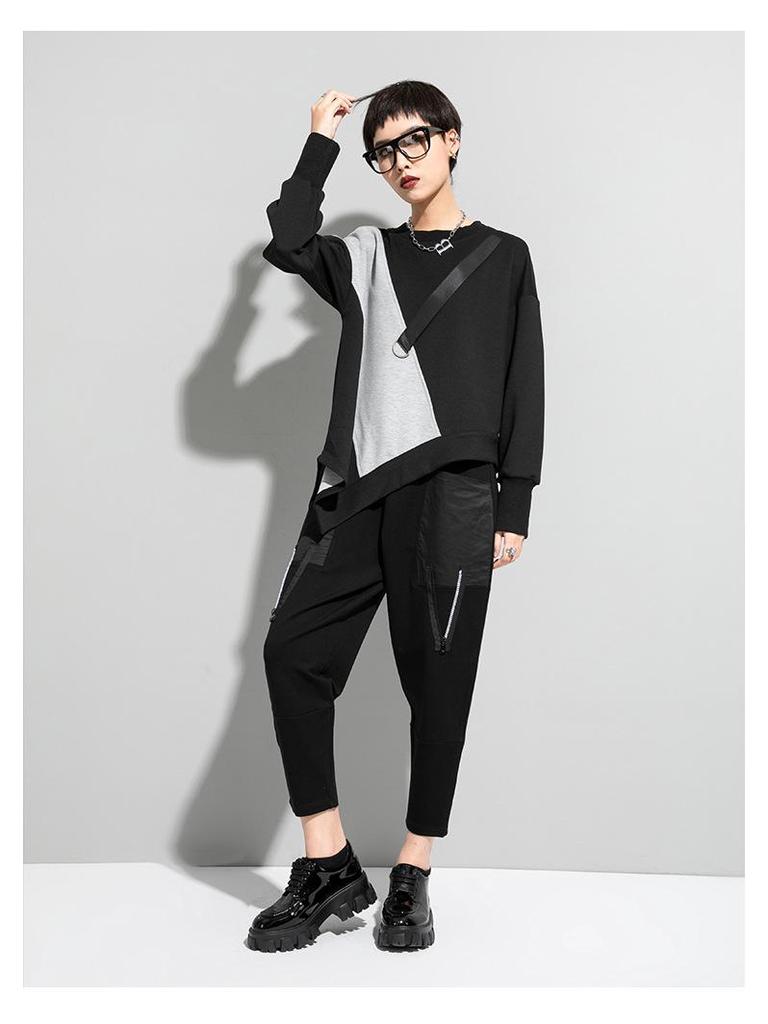 Европейско-американская осенняя футболка с цветными блоками для полных женщин, повседневная, с длинным рукавом