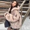 Guochao popular hooded mountain carved fur collar short jacket for men and women loose thickened plush warm cotton clothes in autumn and winter