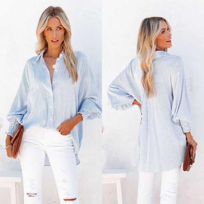 Весна и осень новый длинный рукав кардиган рубашка полосатый свободный большой размер топ повседневный