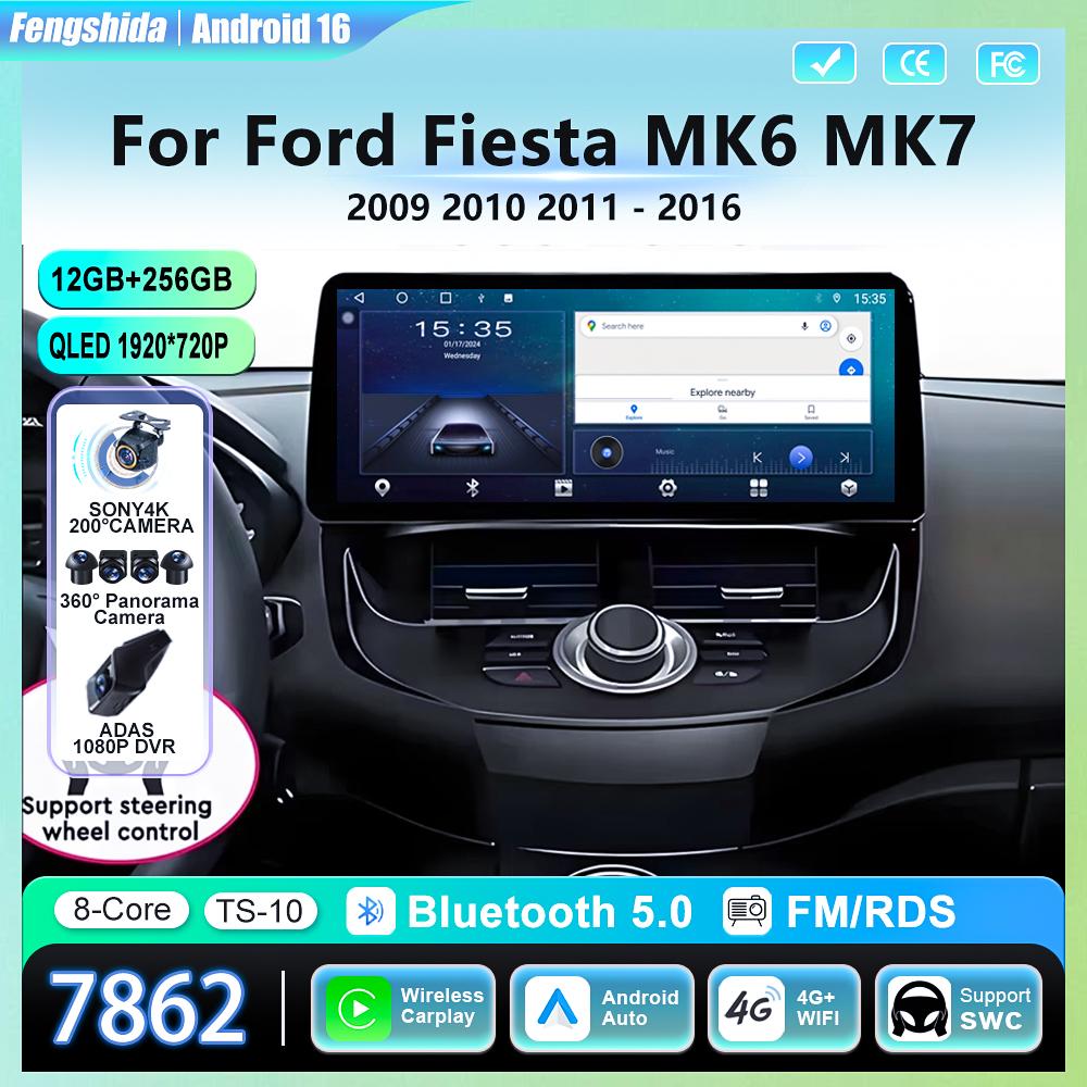 Для Ford Fiesta MK6 MK7 2009-2016 LHD RHD 12,3-дюймовая автомагнитола Android Мультимедийный видеоплеер GPS Беспроводной Carplay QLED-экран
