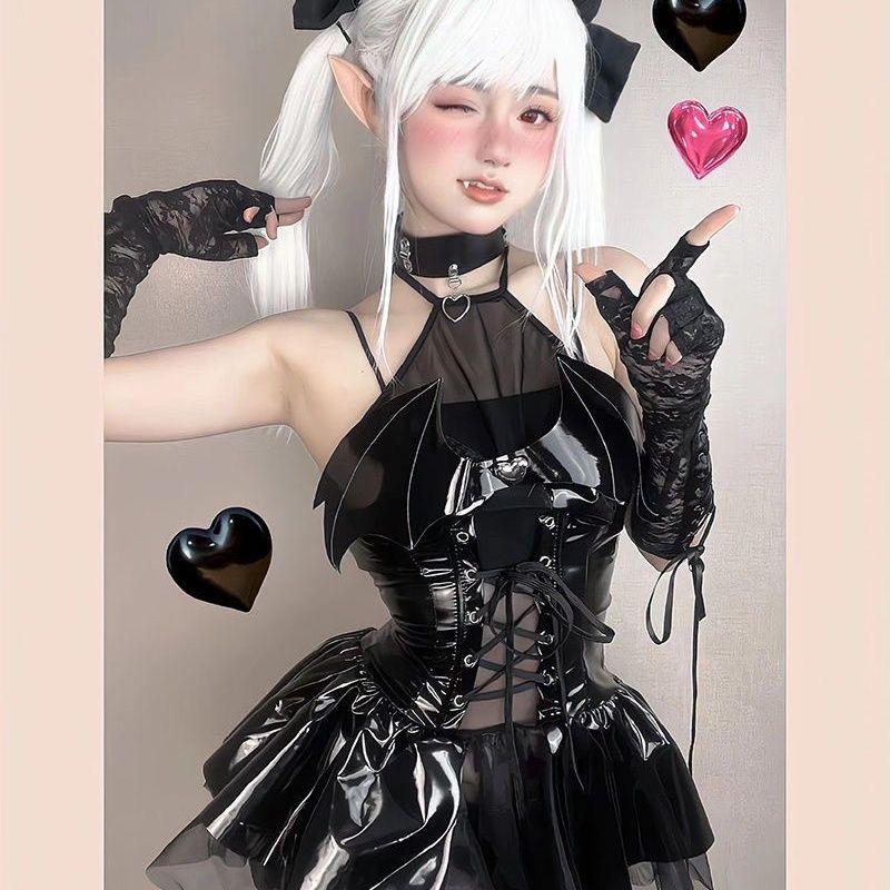 Sexy Little Devil Leather Skirt Set, Sexy JK Uniform, Halloween Cosplay Costume, Sexy Stockings Uniform Set