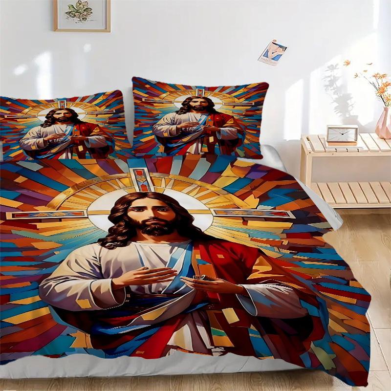 3PCs ReligiousIconography Design Cover Set, Breathable Fabric, Machine Washable (1 Duvet Cover + 2 Pillowcases) (Without Quilt) yy250911103