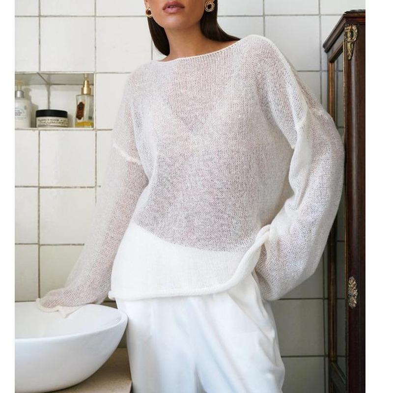 Женские прозрачные свитера с длинным рукавом, весна-осень, повседневный вязаный свитер, тонкий круглый вырез, пуловер, топы, элегантный простой трикотаж 1297