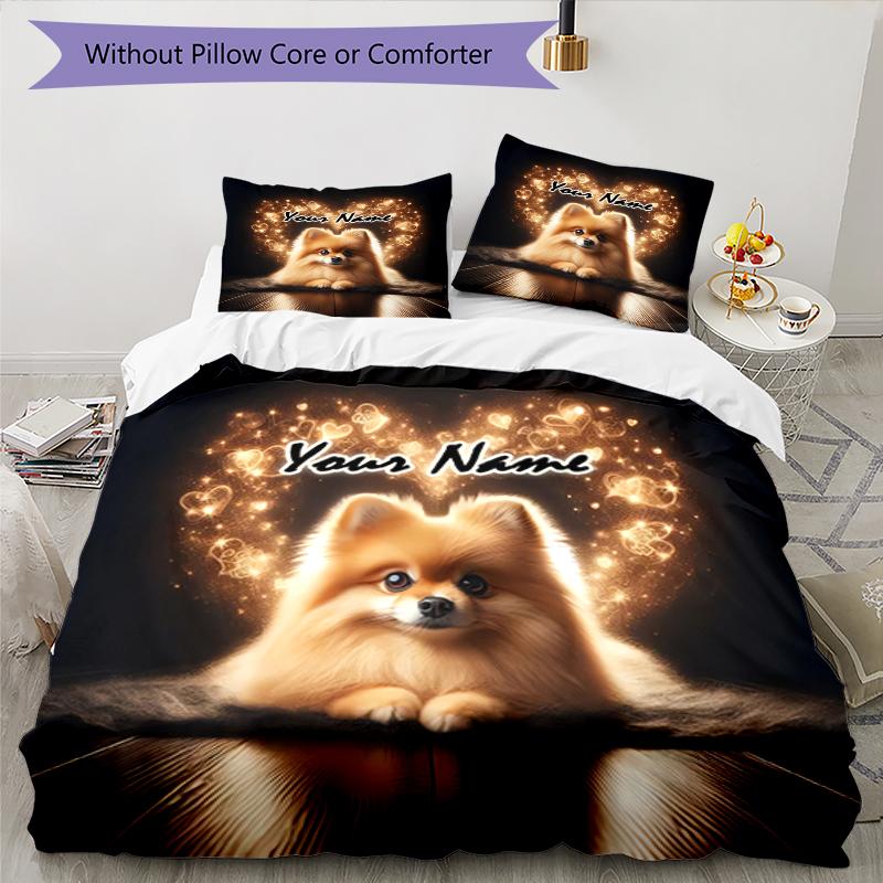 3PC Custom Name Heart Pomeranian Bedding Set Duvet Cover Closure Includes 1 Duvet Cover & 2 Pillowcases for Bedroom
