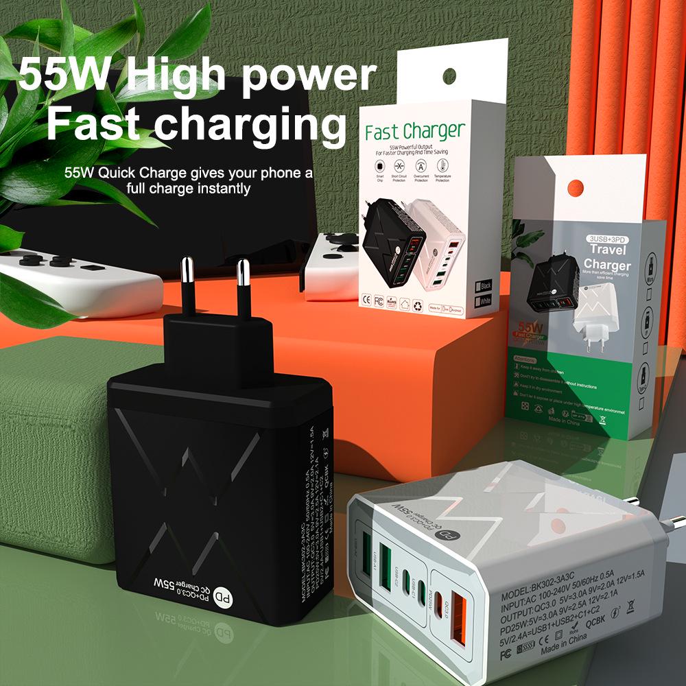 Быстрое зарядное устройство PD 55 Вт: 3 USB + 3 порта PD с QC3.0 для вилок EU, UK, AU