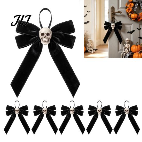 Flannel Skeleton Wall Decor Halloween Velvet Bows with Skull Ornaments for Tree Decoration, Black Gothic Pendant Bow Hanging Home Holiday Party Creepy