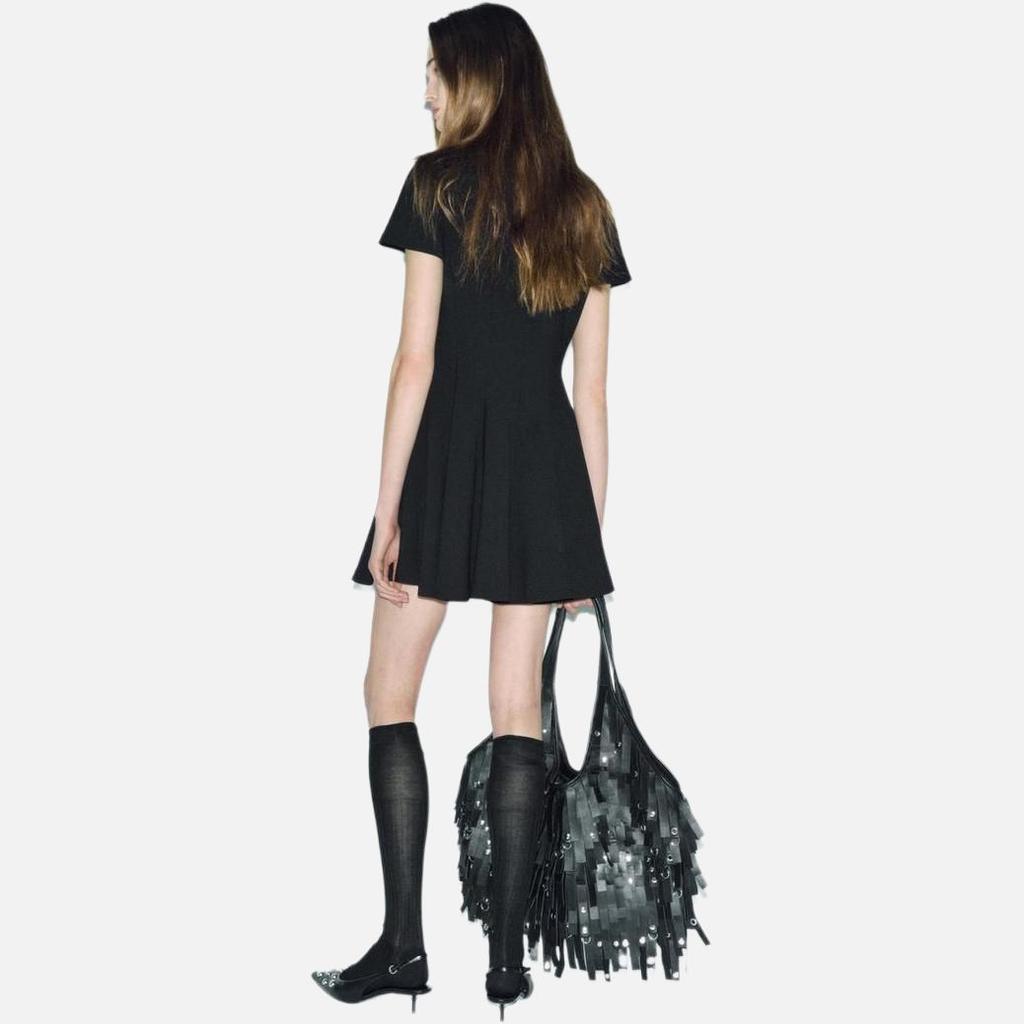 Zara Платье женское однотонное с коротким рукавом удобное Черное 4333243-800