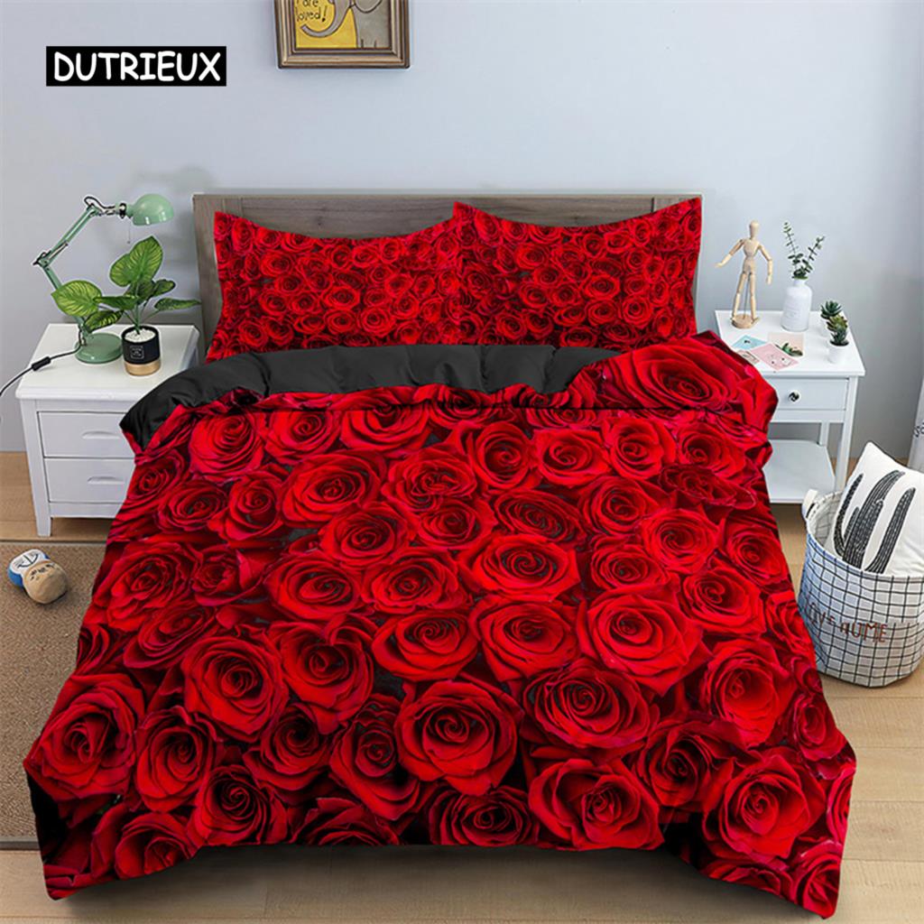 Комплект постельного белья Rose Duvet Set из микрофибры Pink Heart Rose Romantic Flower Tema Комплект постельного белья для влюбленных Double Queen King Size Покрывало для пододеяльника