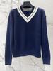 26 early autumn new fashion lazy wind splicing V-neck knitted sweater, classic wool heavy industry letter embroidered top