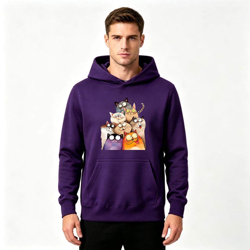 Men's Crewneck Hoodie, Funny Cartoon Cats Graphic Print Casual Loose Sweatshirt for Men
