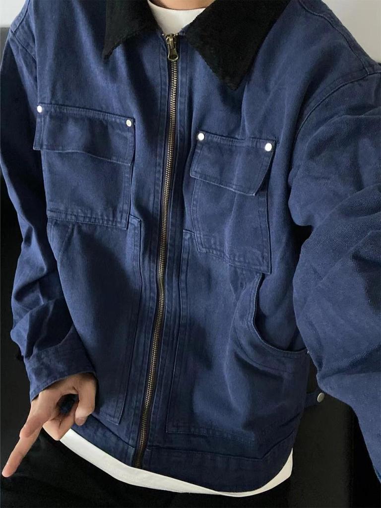 Мужская ретро-куртка Detroit Workwear синего цвета - Тяжелая весенне-осенняя с цветовыми блоками, с воротником, верхняя одежда