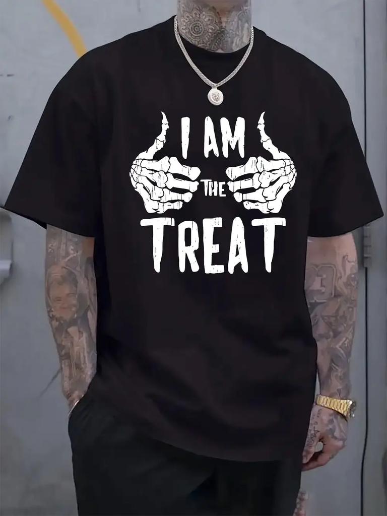 "I AM THE TREAT" Graphic T-shirt - Black Casual Summer Tee with Skeleton Hand Print