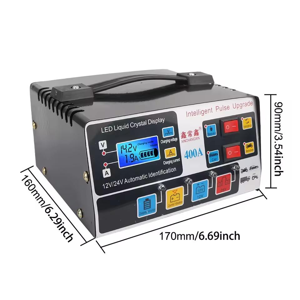12V/24V 400A Car Battery Charger 220W High Power Fully Automatic Pulse Repair Smart LCD Display Self-stop Battery Fast Charger