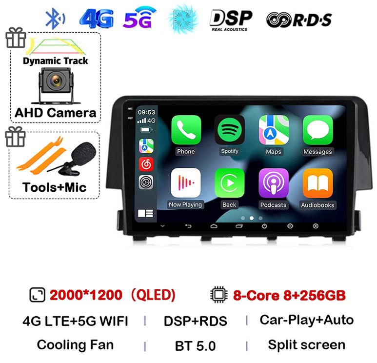 Android 14 Беспроводной Carplay Auto Для Honda Civic 2016 2017 2018 2019 2020 Автомагнитола Стерео Мультимедийный Плеер GPS 4G+WIFI DSP