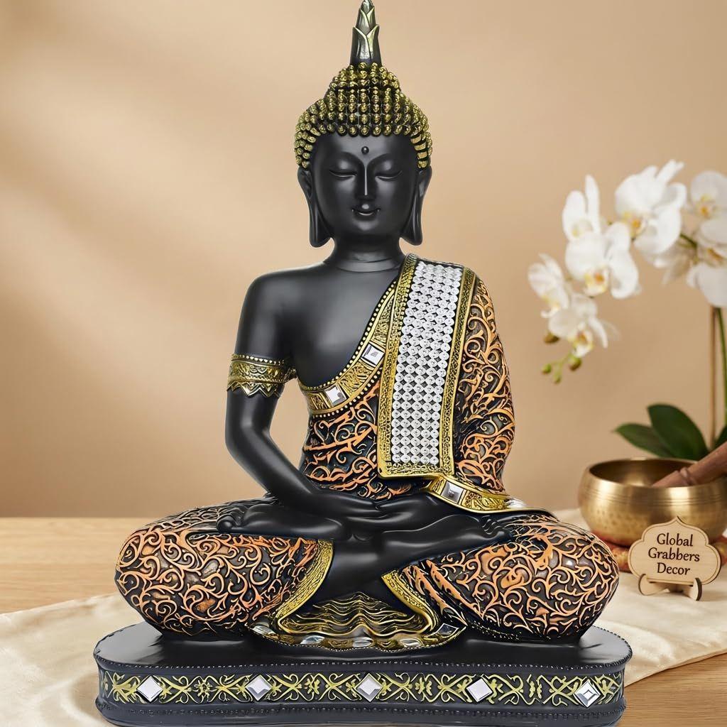 Limited Edition 25 Centimetre Meditating Sitting Buddha Idol Statue showpiece Home Decor Decoration Items for Living Room and Gifts (1, Orange Black)