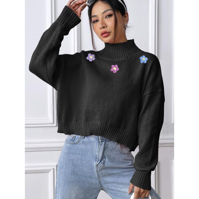 Женский короткий свитер с цветочным узором ручной вязки крючком на осень и зиму, повседневный свитер с высоким воротом