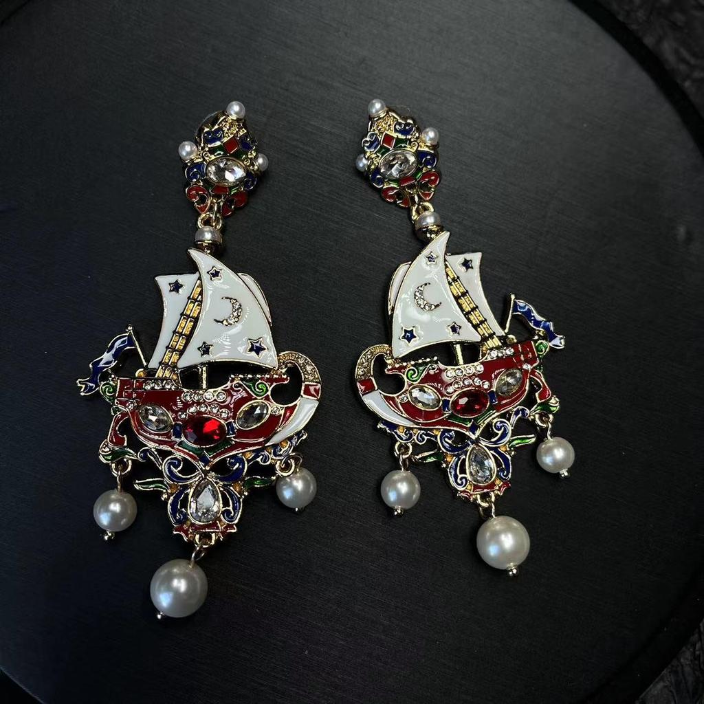 Средневековые европейские придворные серьги-подвески в виде парусника с драгоценными камнями – Винтажный роскошный дизайн