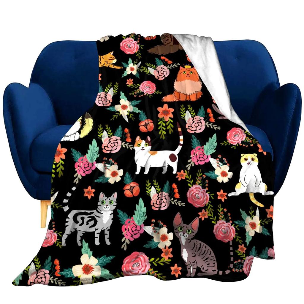 Cute Cat Kawaii Animal Design Flannel Throw Blanket Lightweight Warm Cozy Gifts for Kid and Adults Gift Suitable Couch Bed Chair