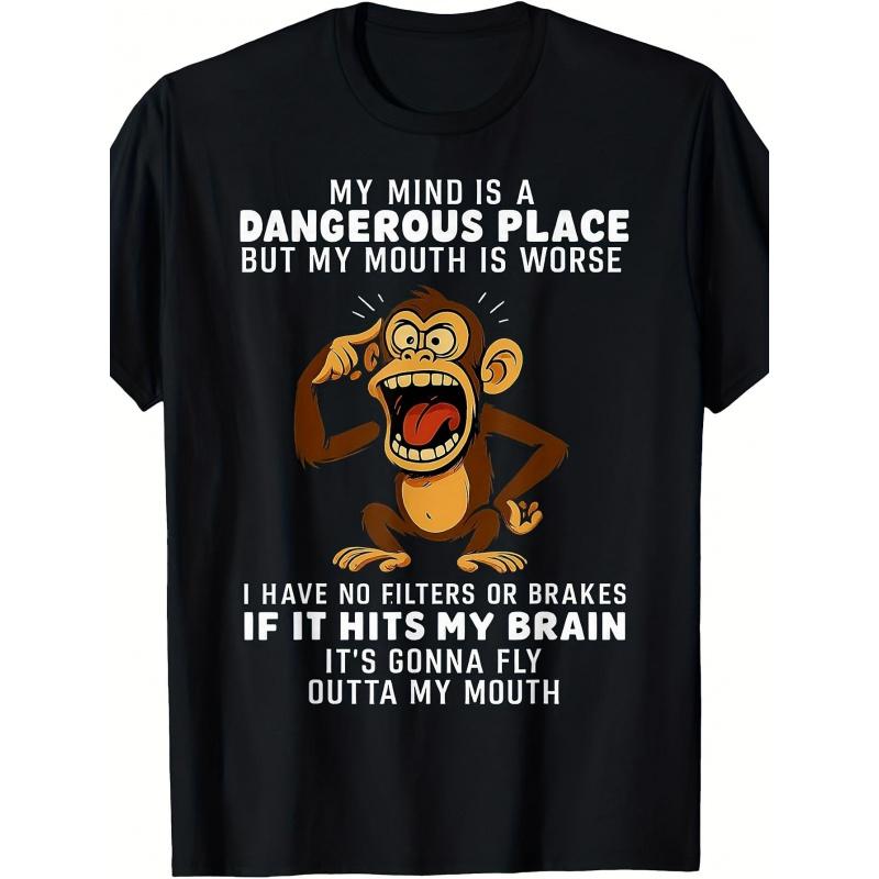Men'S Funny Monkey Graphic T Shirt 180g 100% with My Mind Is a Dangerous Place Slogan Casual Short Sleeve Shirt for Parties 4th of July Casual Attire