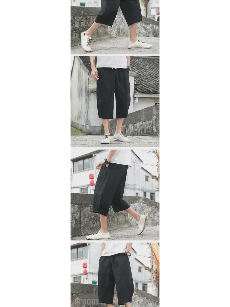 Мужские укороченные брюки широкого кроя из серого хлопка и льна в китайском стиле - летние, свободного кроя, большого размера