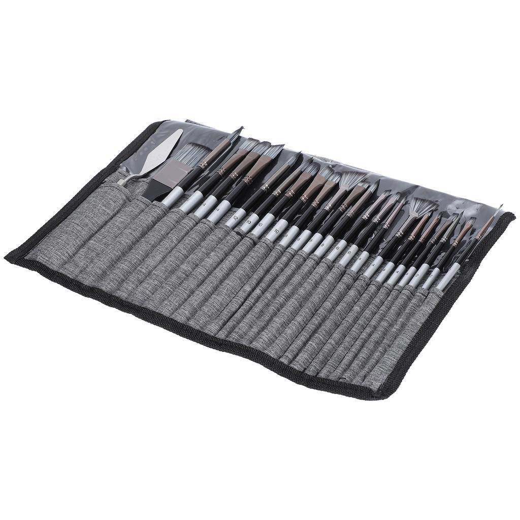 24Pcs Painting Brush Set Nylon Wool Wooden Handle with Bag for Acrylic Watercolor PaintGray
