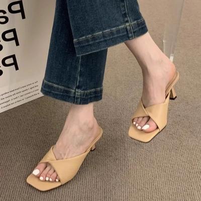 Модные простые женские тапочки Dew Feet на высоком каблуке, однотонные удобные повседневные тапочкиМодные тапочки 2024