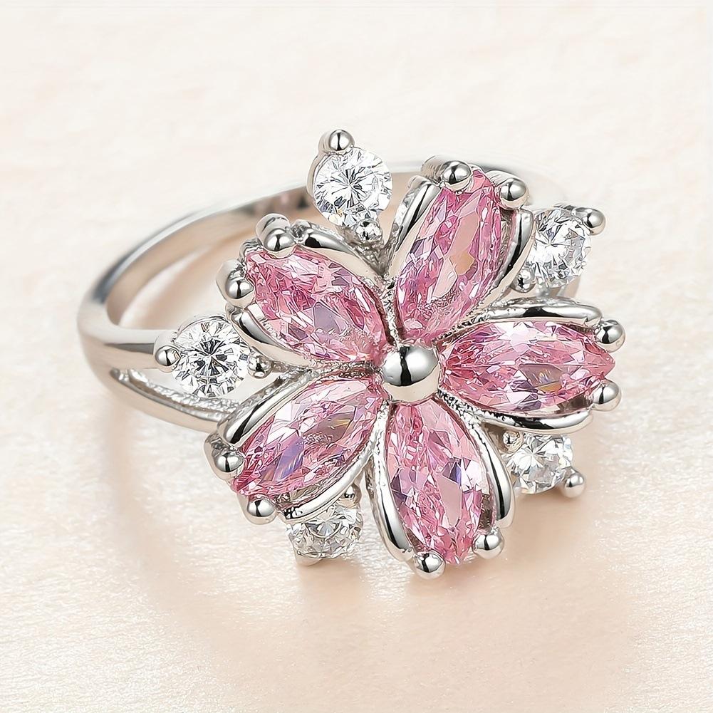 2023 popular personality cherry blossom pink zircon flower ring environmentally friendly alloy silver plated ring female Internet celebrity