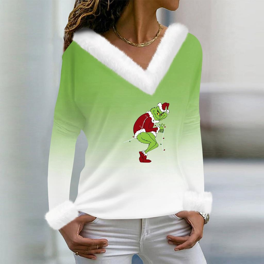 Женская футболка, рождественская рубашка с длинным рукавом, вечерние, рождественский флисовый воротник, топ с v-образным вырезом
