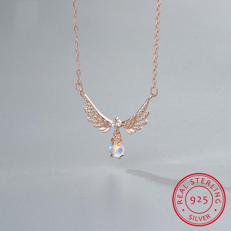 Charm Angel Wing Wedding Necklace Luxury Female Crystal Moonstone Pendant Necklace 925 Sterling Silver Chain Necklaces For Women