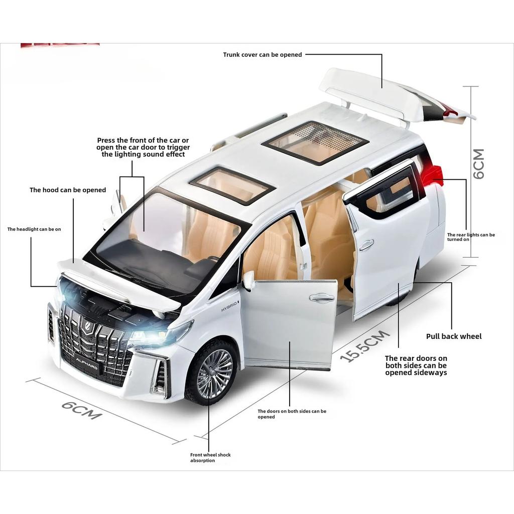 1/32 Toyota Alphard MPV Diecast Toy Car Model Vehicle Miniature Pull Back Sound & Light Doors Openable Collection Gift Boy A938