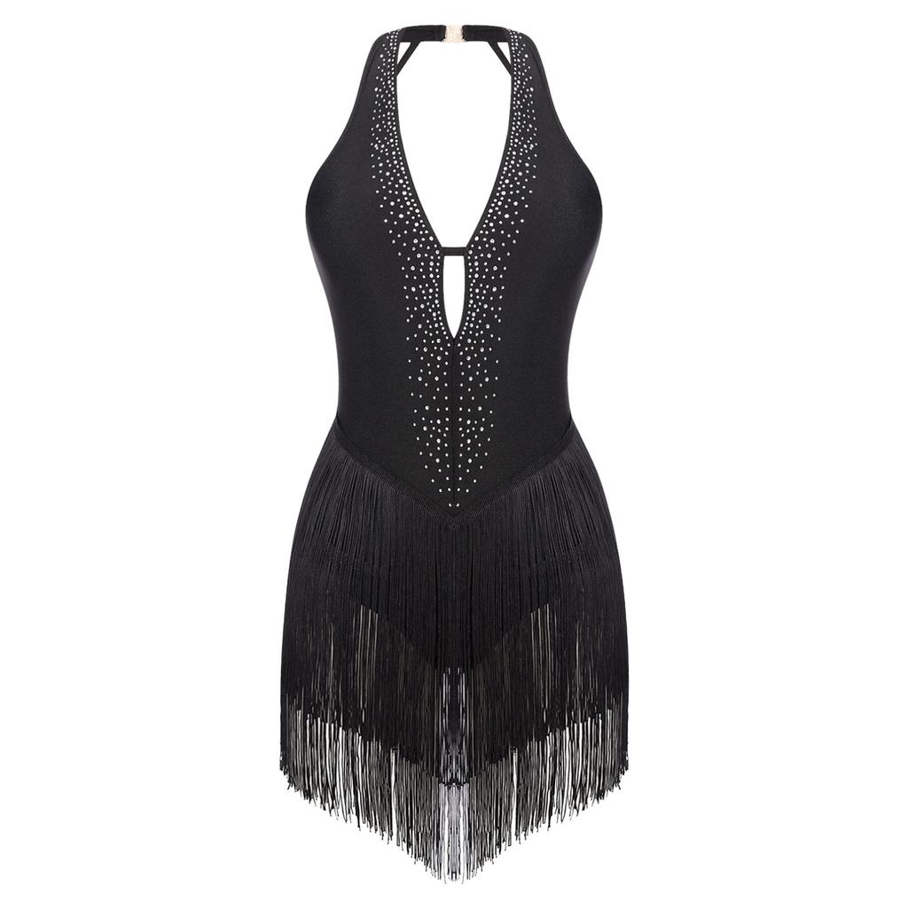Women's Shiny Rhinestone Tassel Latin Jazz Ballroom Lyrical Dance Dress Fringed Leotard Bodysuit
