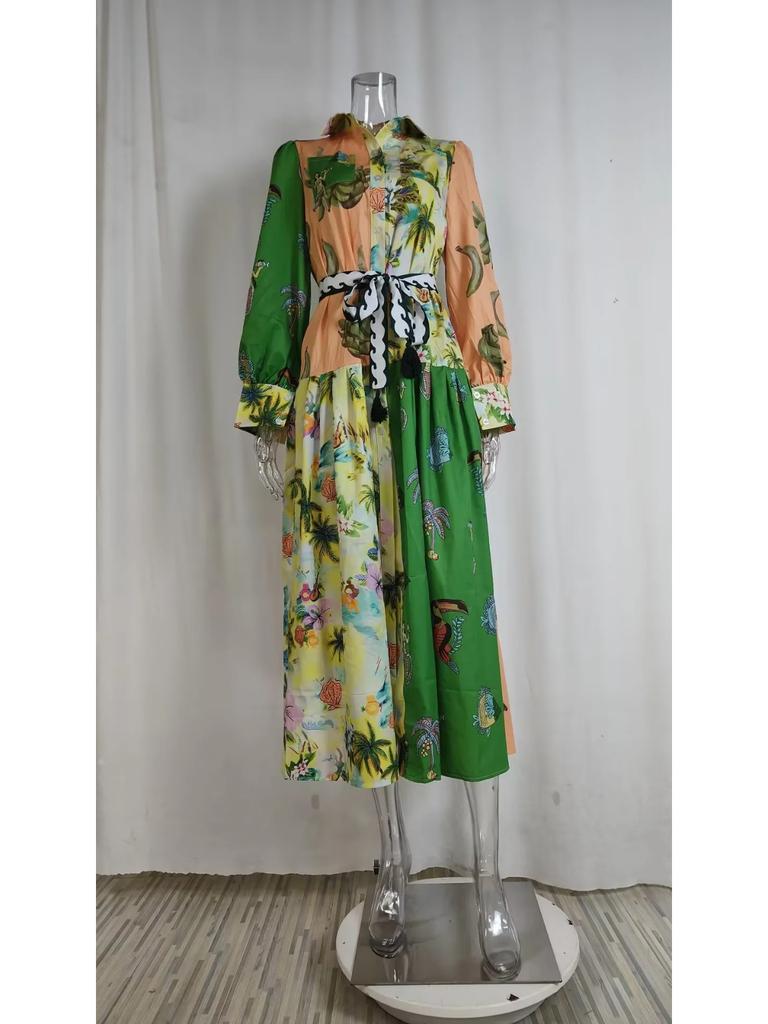 Европейско-американская женская мода длинное платье с принтом и рукавами-фонариками, V-образным вырезом, завязывающимся на талии, отложным воротником, длинным рукавом