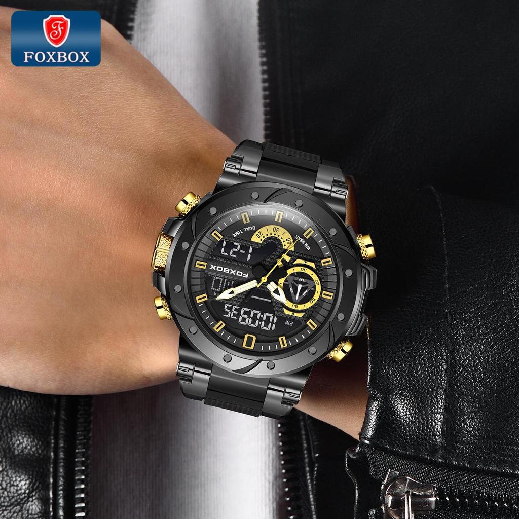 LIGE Sub-brand FOXBOX Fashion Digital Watch Men Dial Dual Display Outdoors Waterproof Sport Luminous Silicone Wristwatch