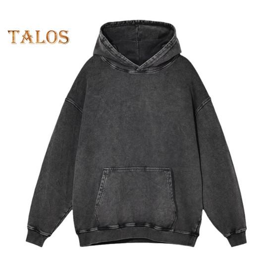 Осень-весна унисекс толстовка с капюшоном большой карман свободный потертый стираный эластичные манжеты и подол скошенные плечи однотонный свободный спортивный топ