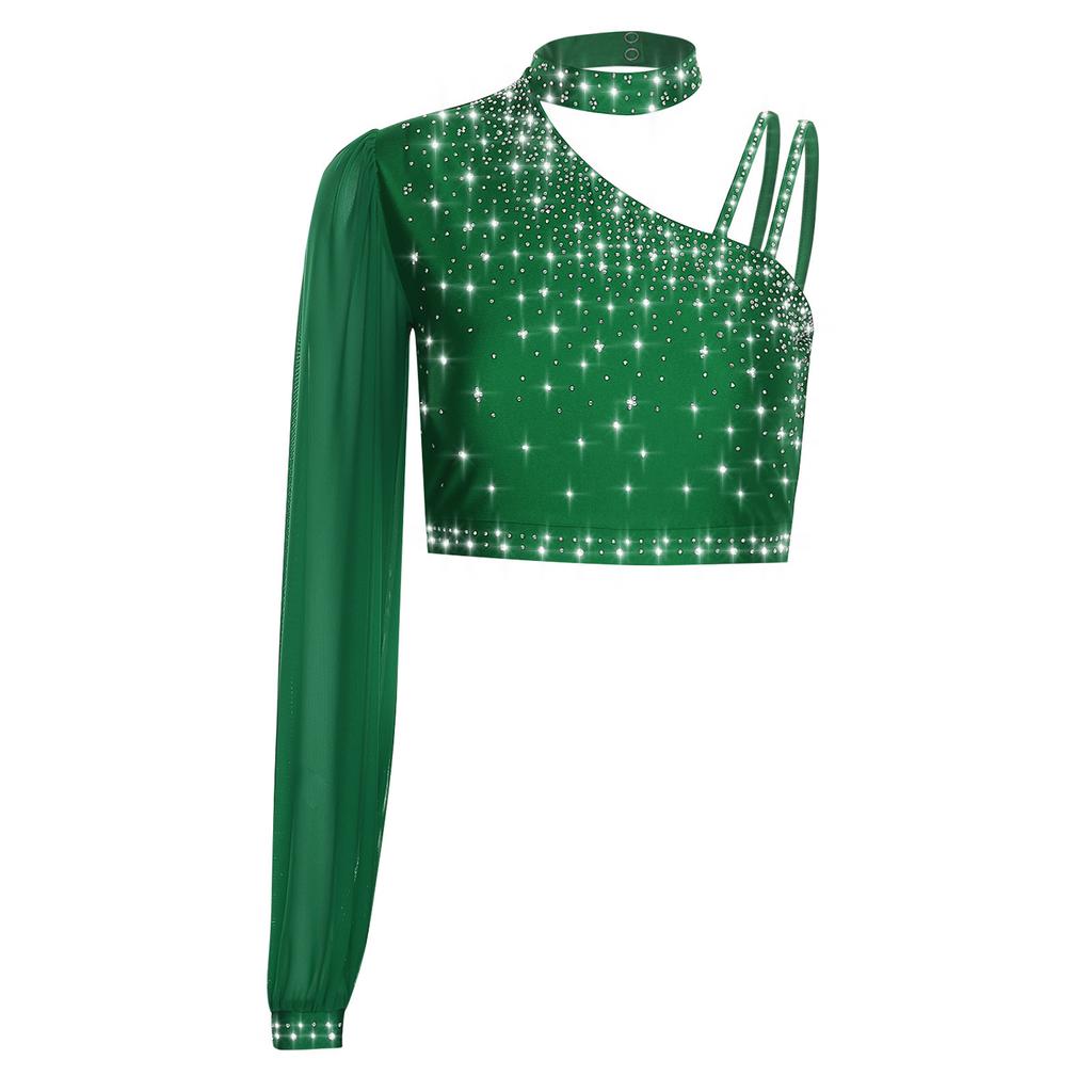 Womens Lyrical Dance Top Asymmetrical Sheer Mesh Long Sleeve Shiny Colorful Rhinestone Crop Top