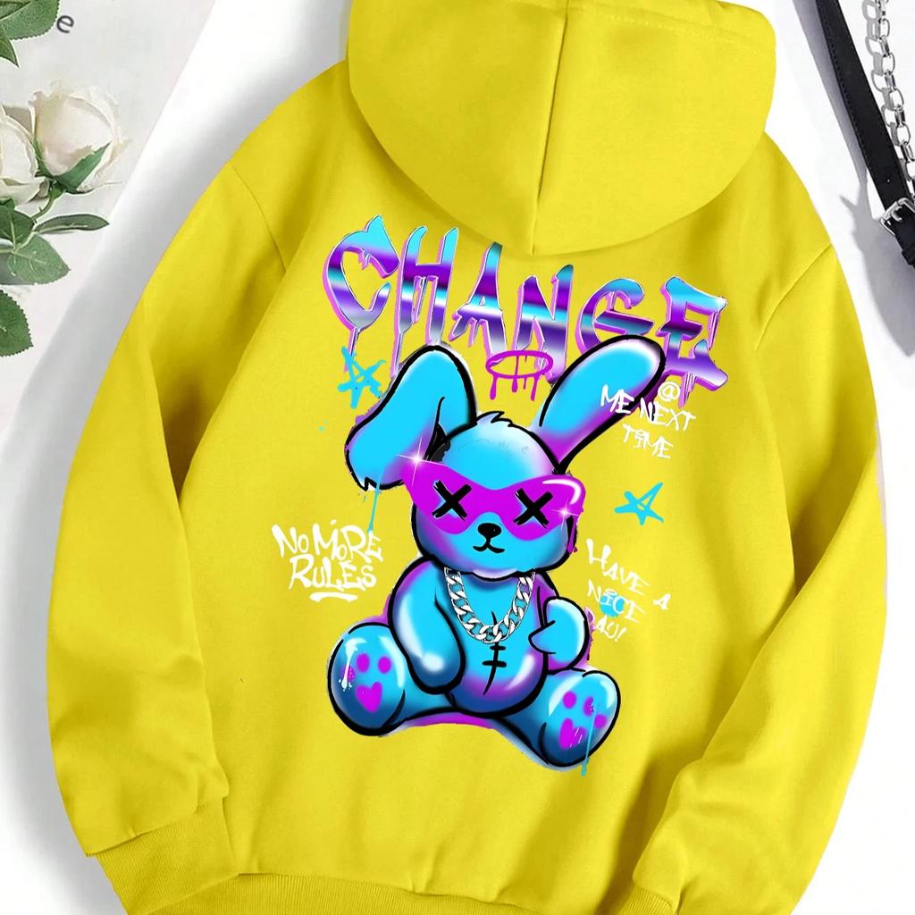 Модный свитшот с принтом в виде кролика и мультфильмов, женская мода, универсальная уличная толстовка с круглым вырезом, повседневные толстовки с капюшоном, пуловер, одежда больших размеров