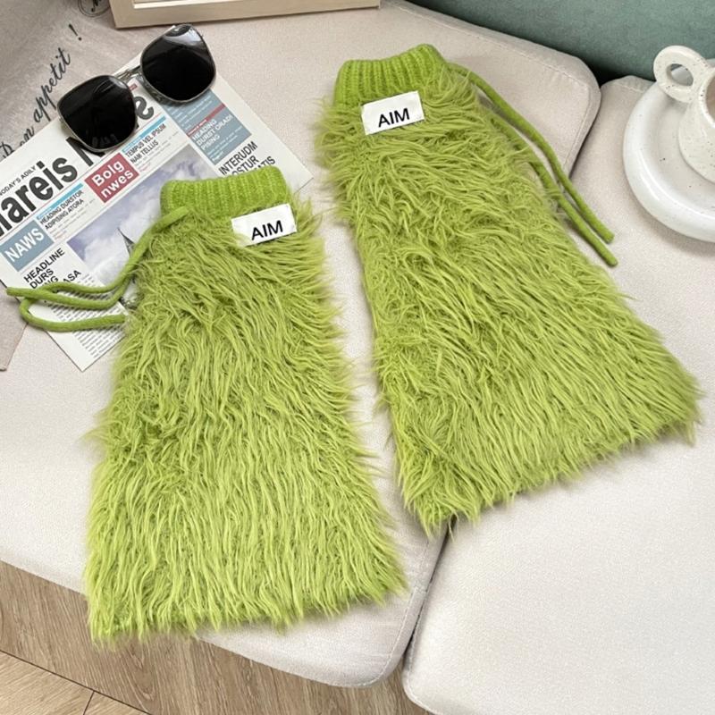 Womens Y2K Girls Winter Furry Leg Warmer wtih Drawstring Harajuku Letter Label Furry Plush Flared Boot Cover Long Socks