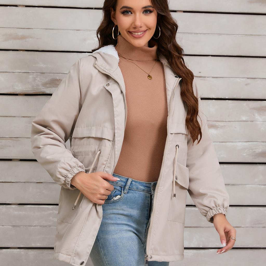 Женское зимнее пальто с капюшоном, куртка-парка с длинными рукавами и карманами, теплая повседневная куртка на молнии с подкладкой из флиса, ветрозащитная ветровка для женщин