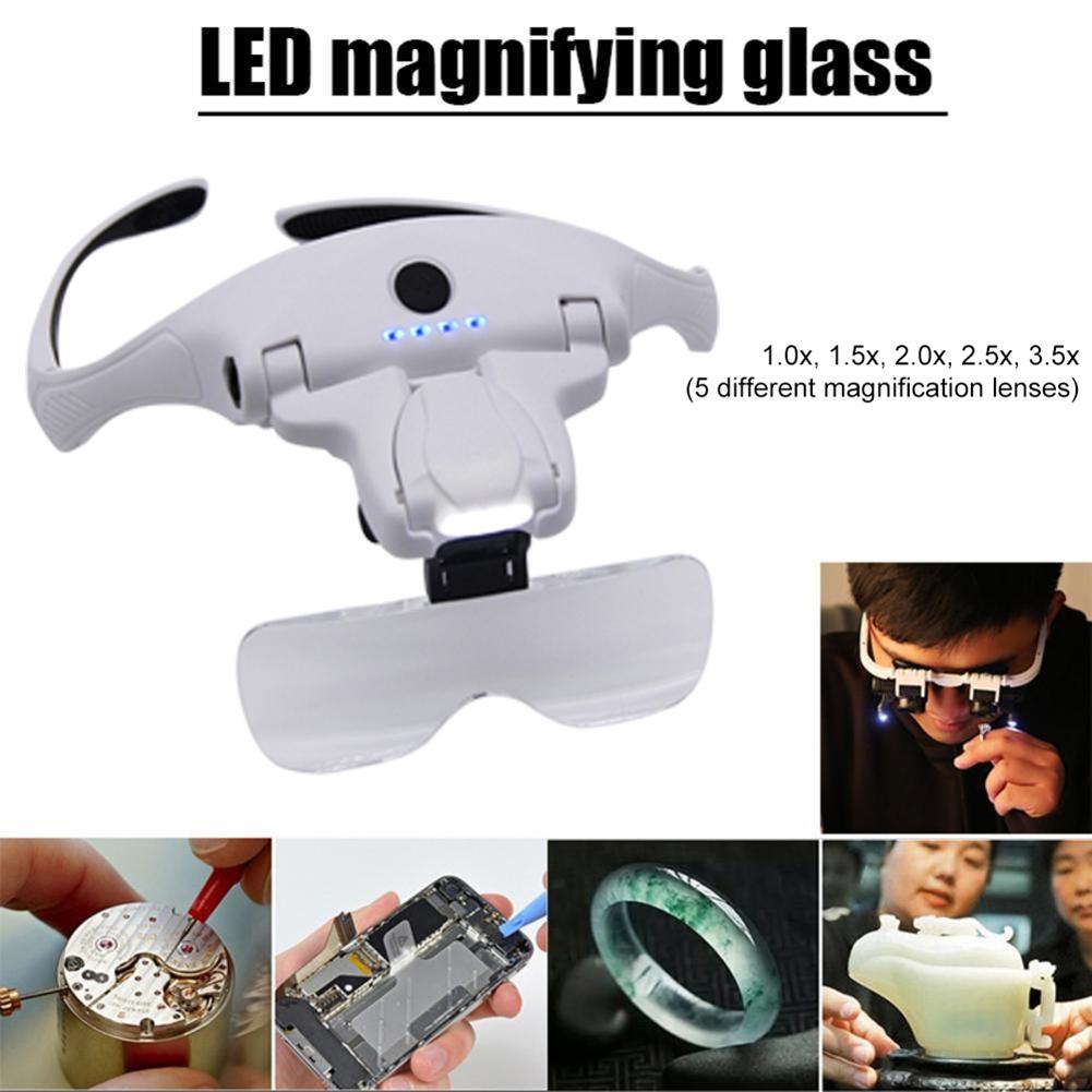 Head Mounted Optical Magnifier Eyeglasses Large Capacity Battery LED Hands Free Magnifying Glass Interchangeable Lenses Portable