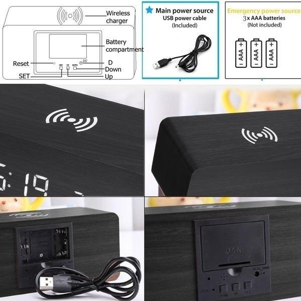 2025 Sound Control LED Digital Alarm Clock Wooden Design Thermometer Qi Wireless Charging Pad Desk Clock