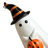 Halloween Ghost Decoration Figurine with Witch Hat, Cute Small Resin Smooth Texture Statue Holding Pumpkin for Home Table Shelf Desk Decor Seasonal
